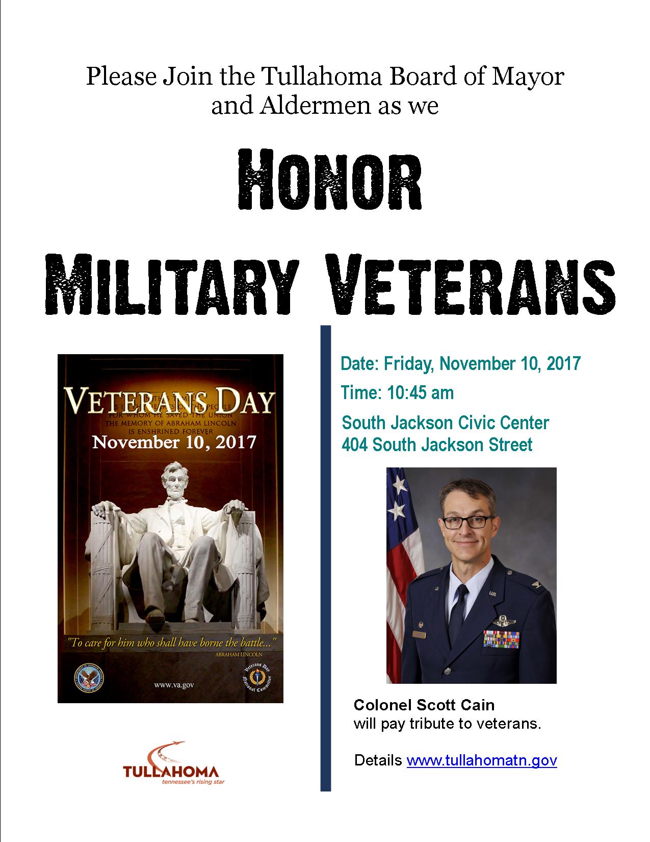 Tullahoma Announces Veterans Day Ceremony Activities and Speaker
