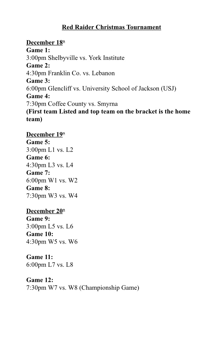 4th Annual Red Raider Invitational Basketball Tournament Begins Monday