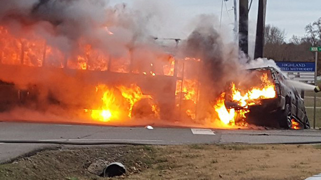 Bus and SUV Burst into Flames after Monday Morning Crash