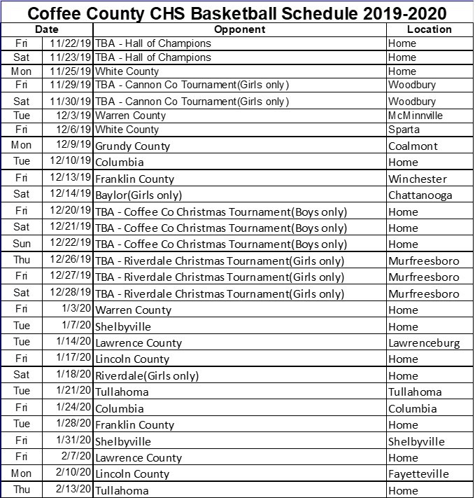Coffee County CHS Releases 2019-2020 Basketball Schedule