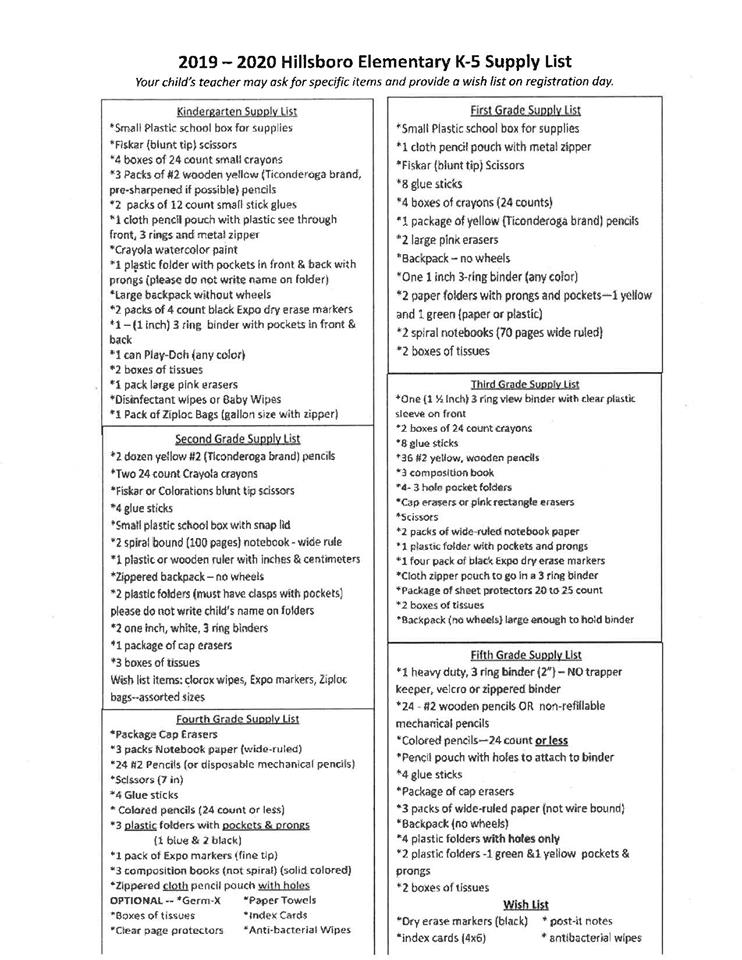 County school supply lists available here