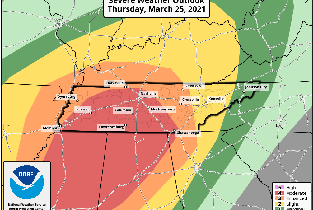 Much of southern Middle Tennessee, including Coffee County, under moderate risk for severe weather Thursday